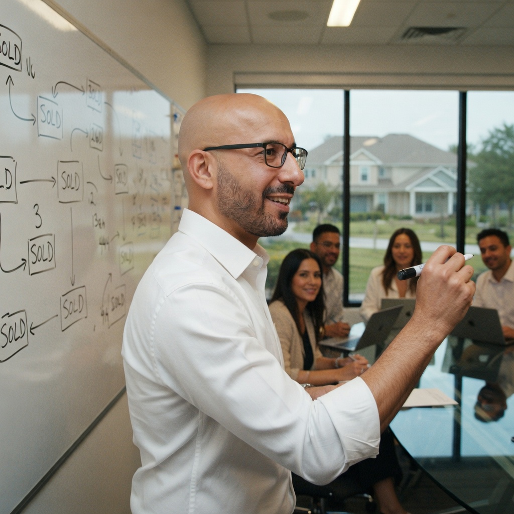 Amin Rad coaching a team of real estate agents on deal flow at a brokerage whiteboard